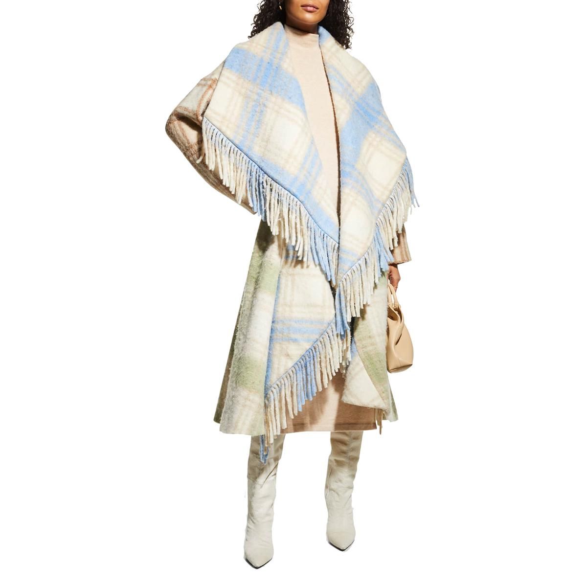 cinq a sept lita plaid shawl collar fringe coat