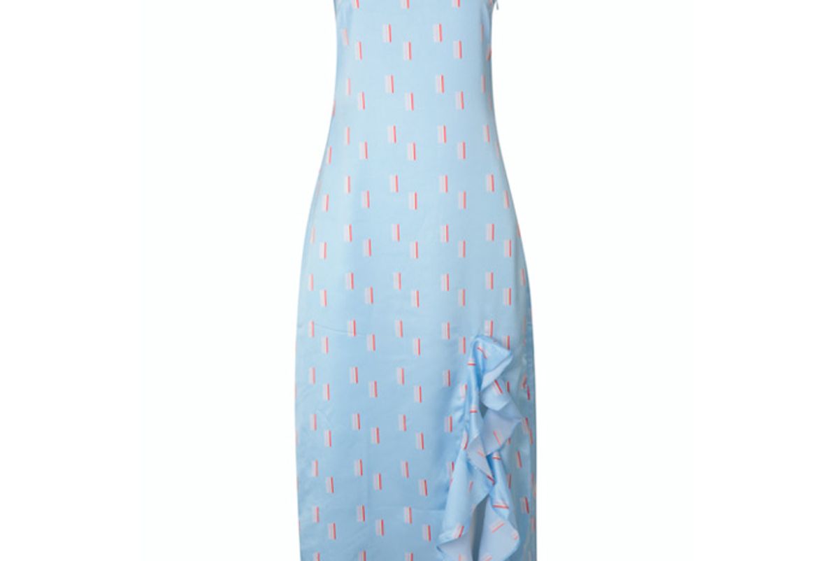 cinta the label light blue rainbow print ruffle slip dress