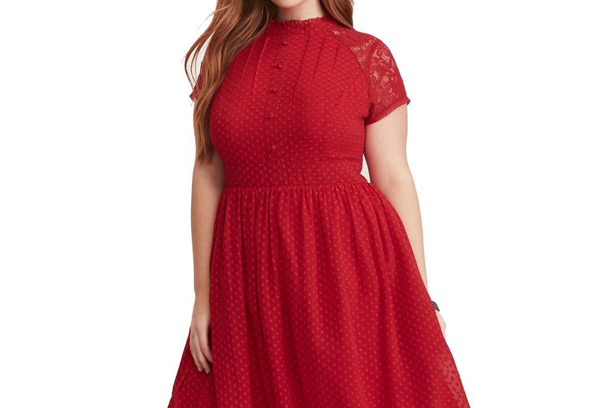 Red Textured Dot Chiffon & Lace Button Front Swing Dress