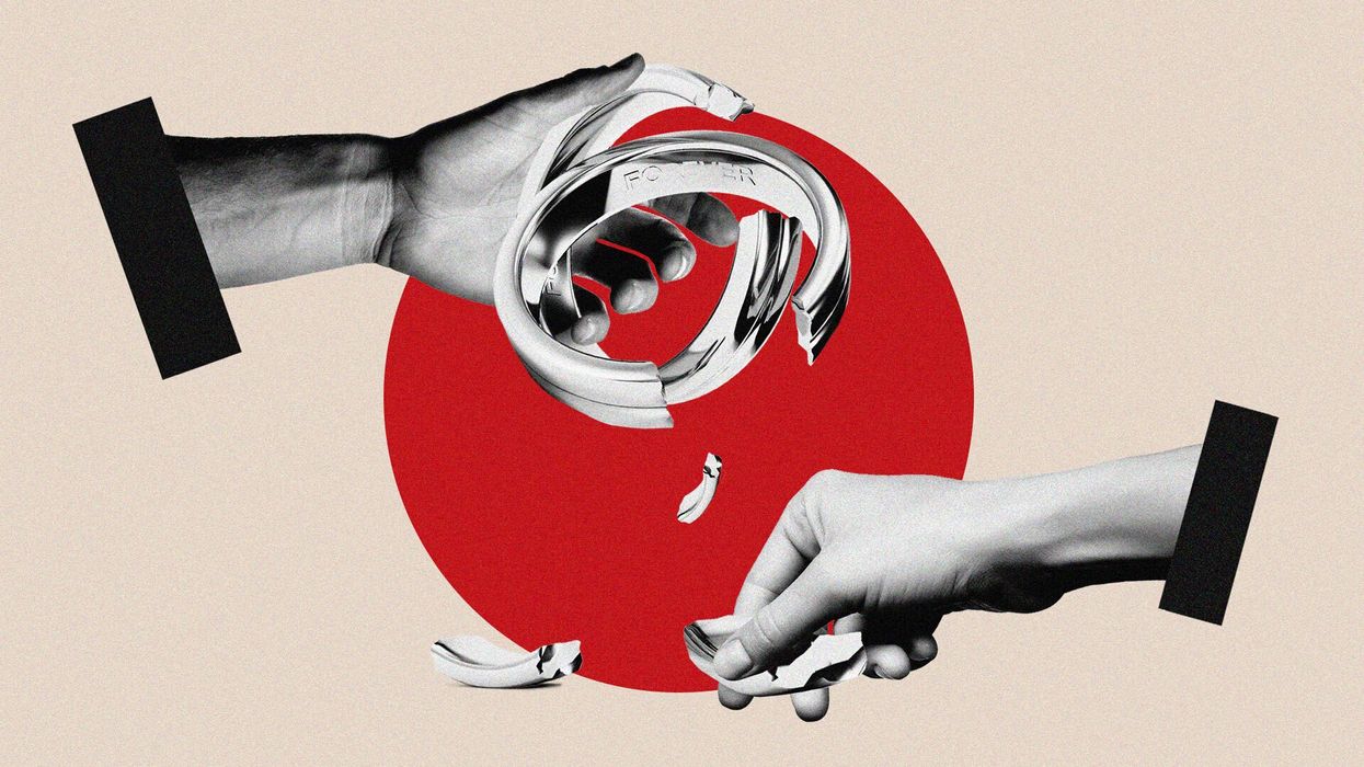 Collage Art of Two Hands Holding Broken Engagement Rings