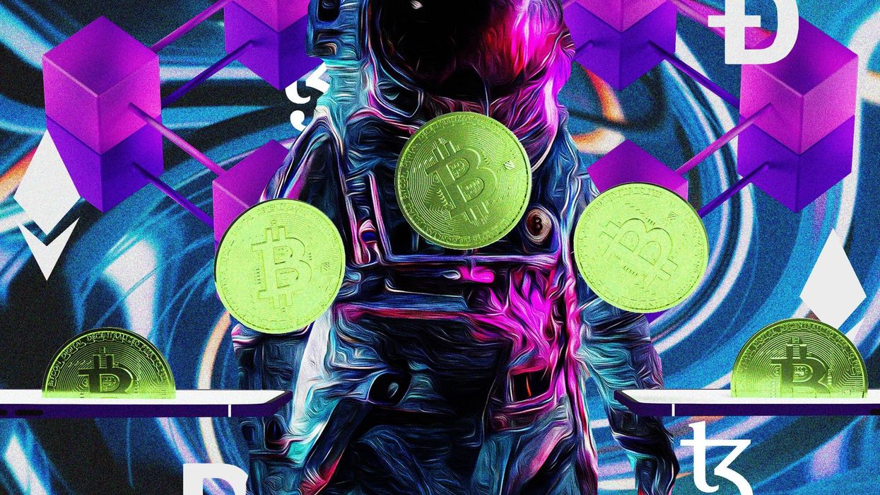 Collage of Bitcoin Coins and an Artistic Rendering of a Space Person