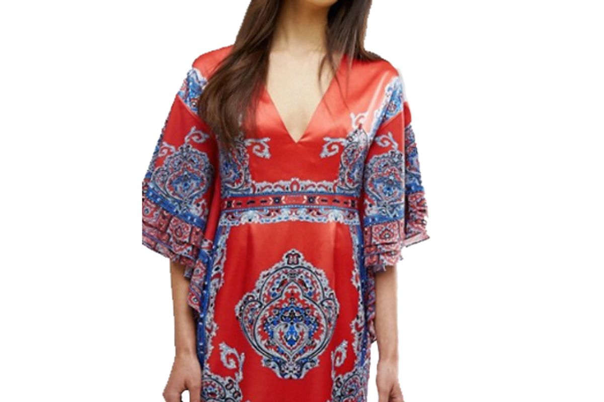 Printed Kimono Dress With Plunge Front