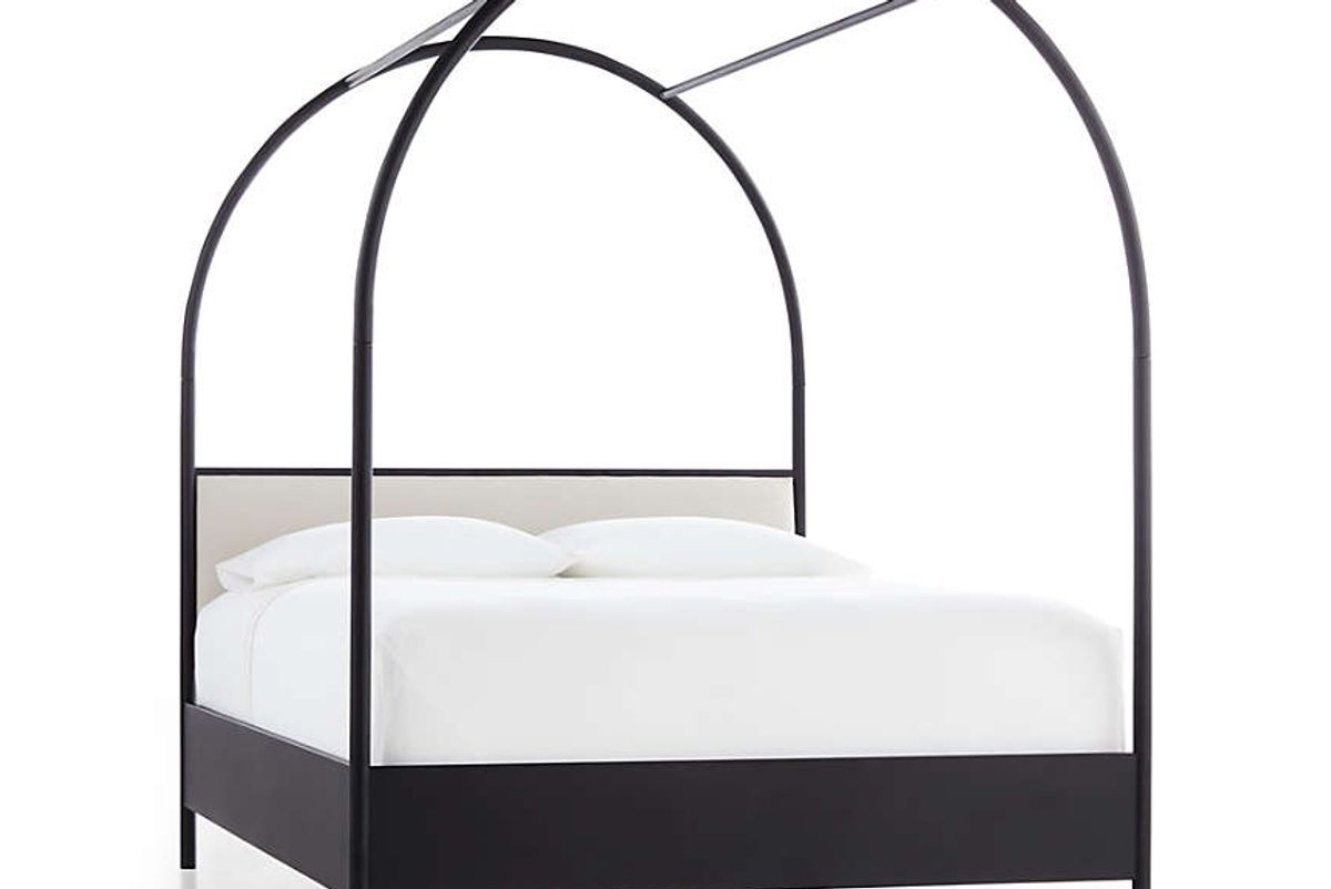 crate and barrel canyon queen arched canopy bed with upholstered headboard