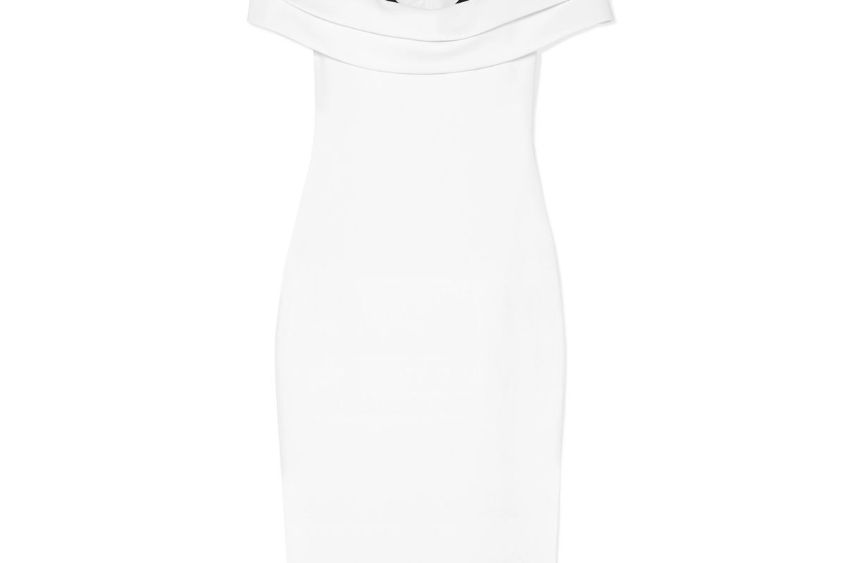 cushnie off the shoulder two tone layered cady and silk blend dress