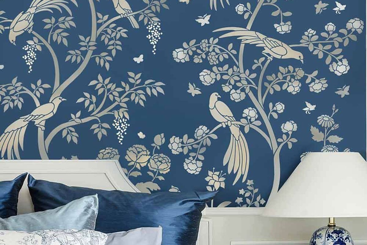 cutting edge stencils chinoiserie birds and roses wall mural stencil