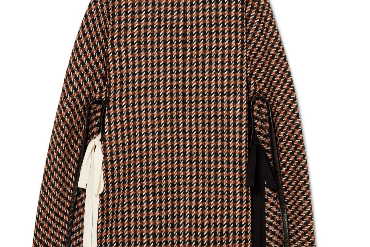 derek lam leather trimmed checked wool blend tweed poncho