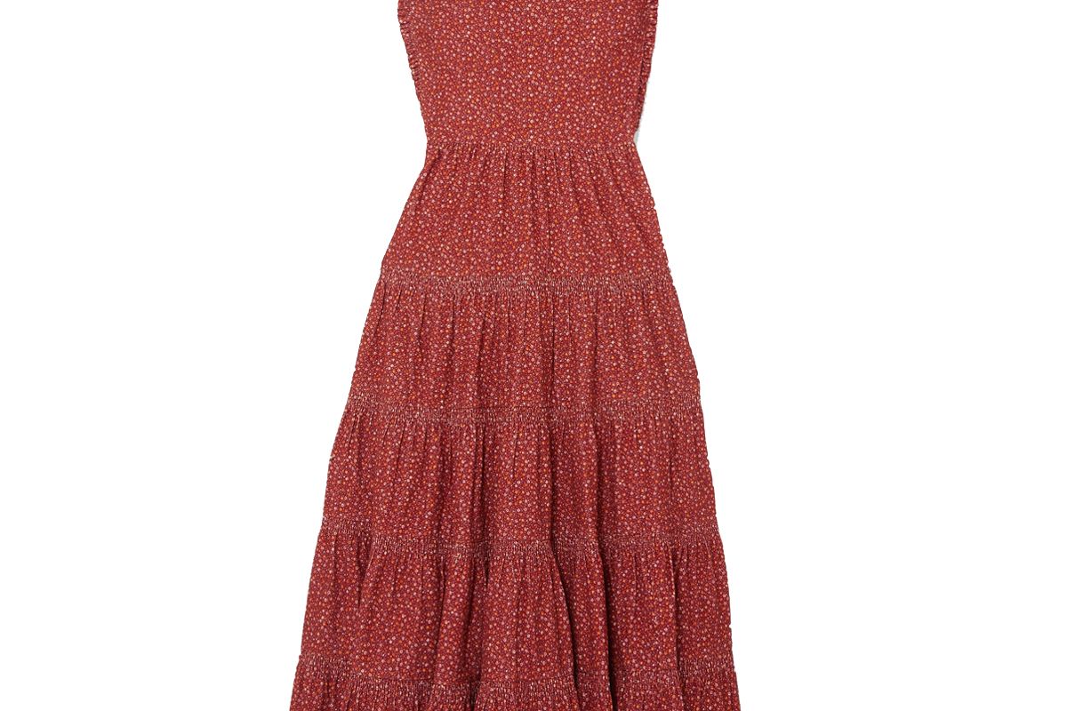 doen raven tiered floral print cotton corduroy midi dress