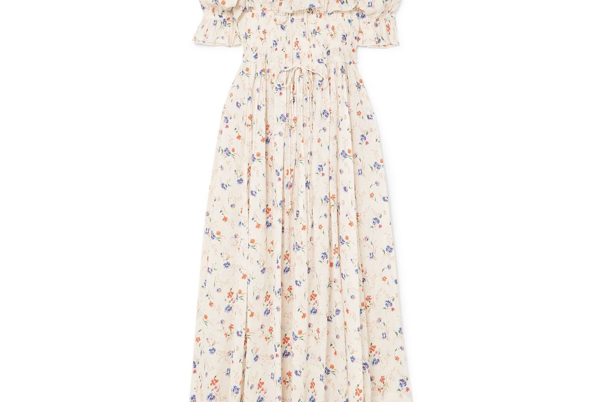 doen sol shirred floral print swiss dot cotton voile maxi dress