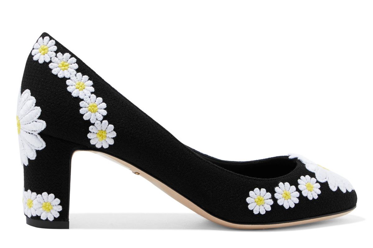 Floral-Appliquéd Canvas Pumps