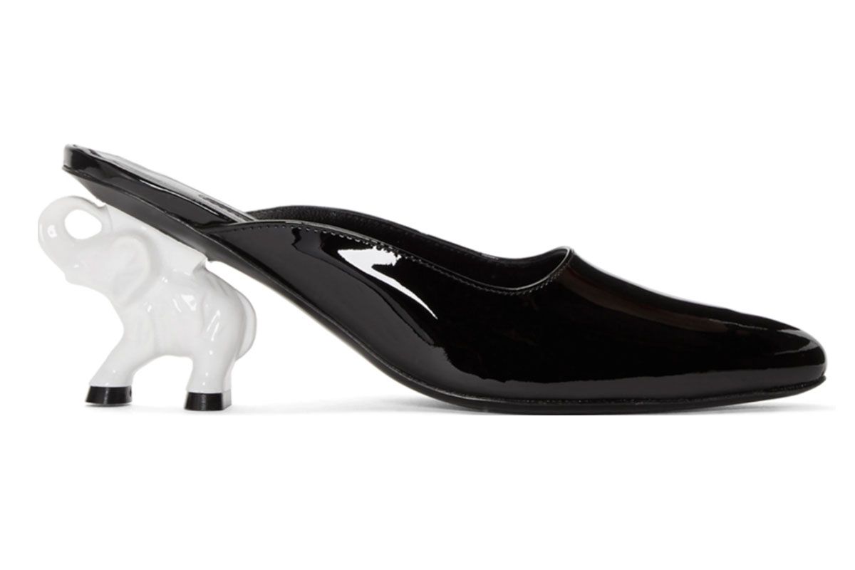 dorateymur black and white patent elephant heel mules