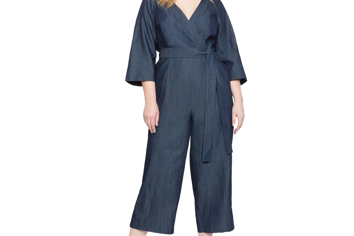 Denim Faux Wrap Jumpsuit