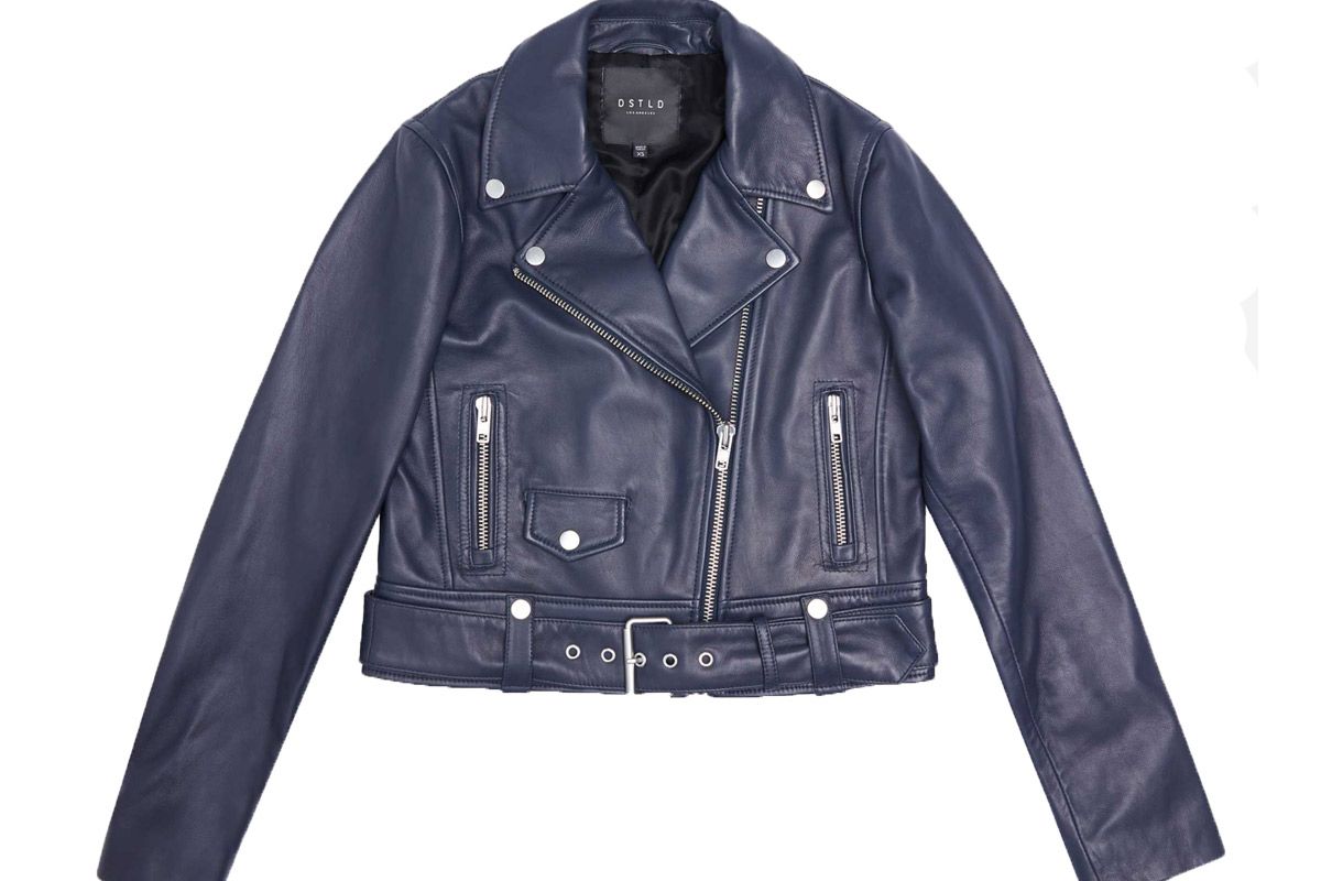 dstld womens leather biker jacket in blue