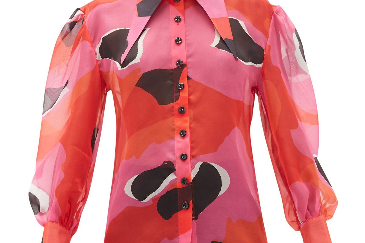 elzinga exaggerated point collar print silk organza shirt