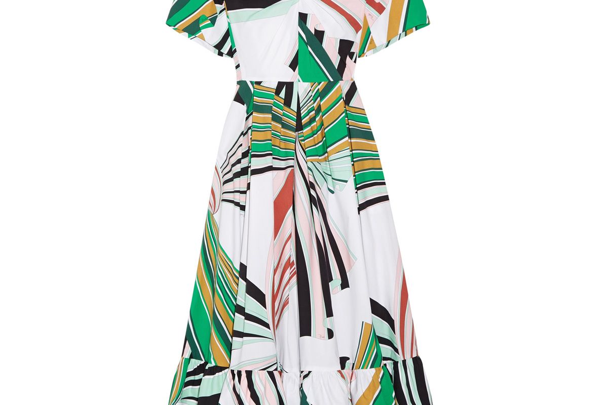 Pleated Printed Stretch-Cotton Poplin Midi Dress