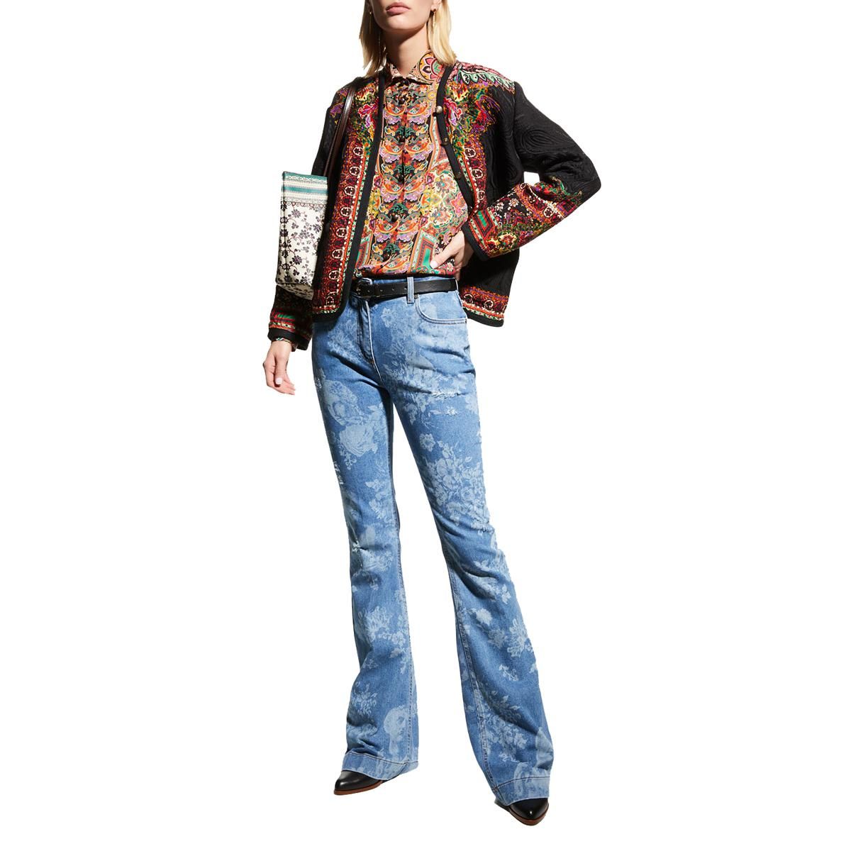 etro floral face burnout printed bootcut leg jeans