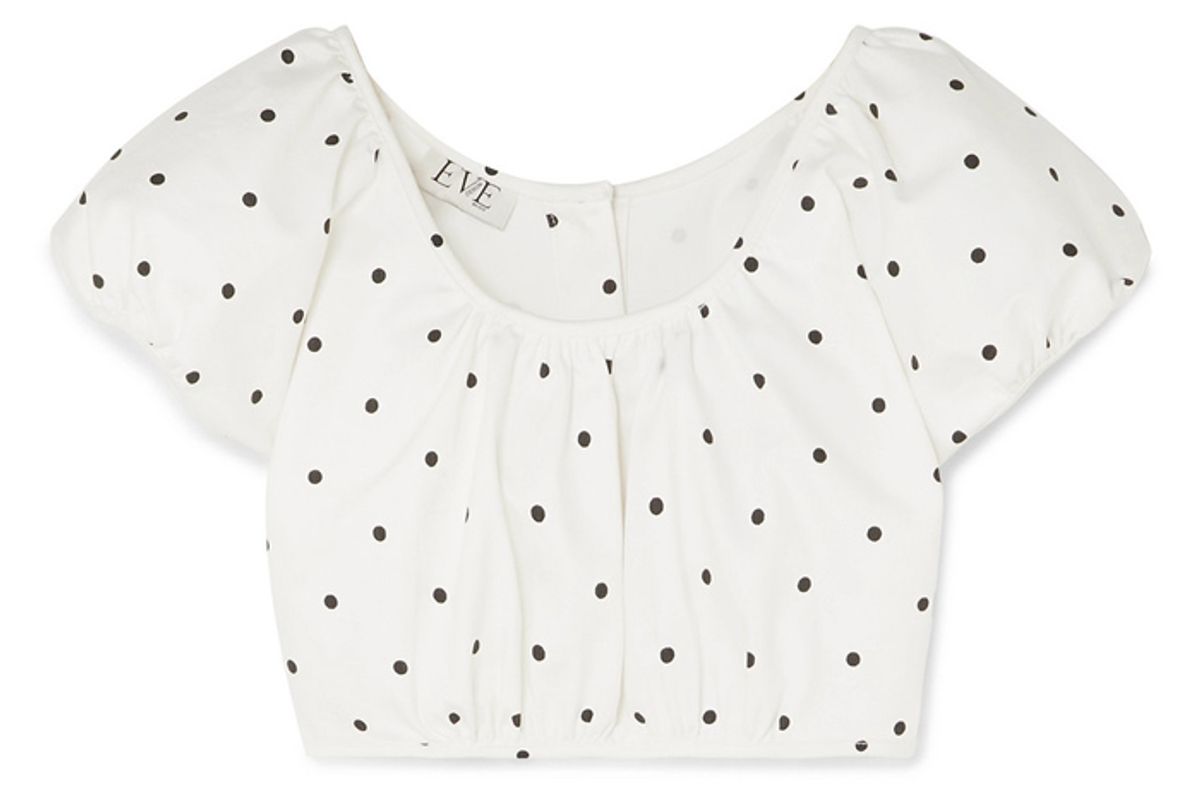 eve denim georgette cropped polka dot cotton blend twill top