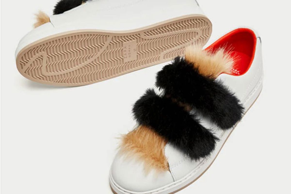 Leather Sneakers With Faux Fur and Hook and Loop Straps