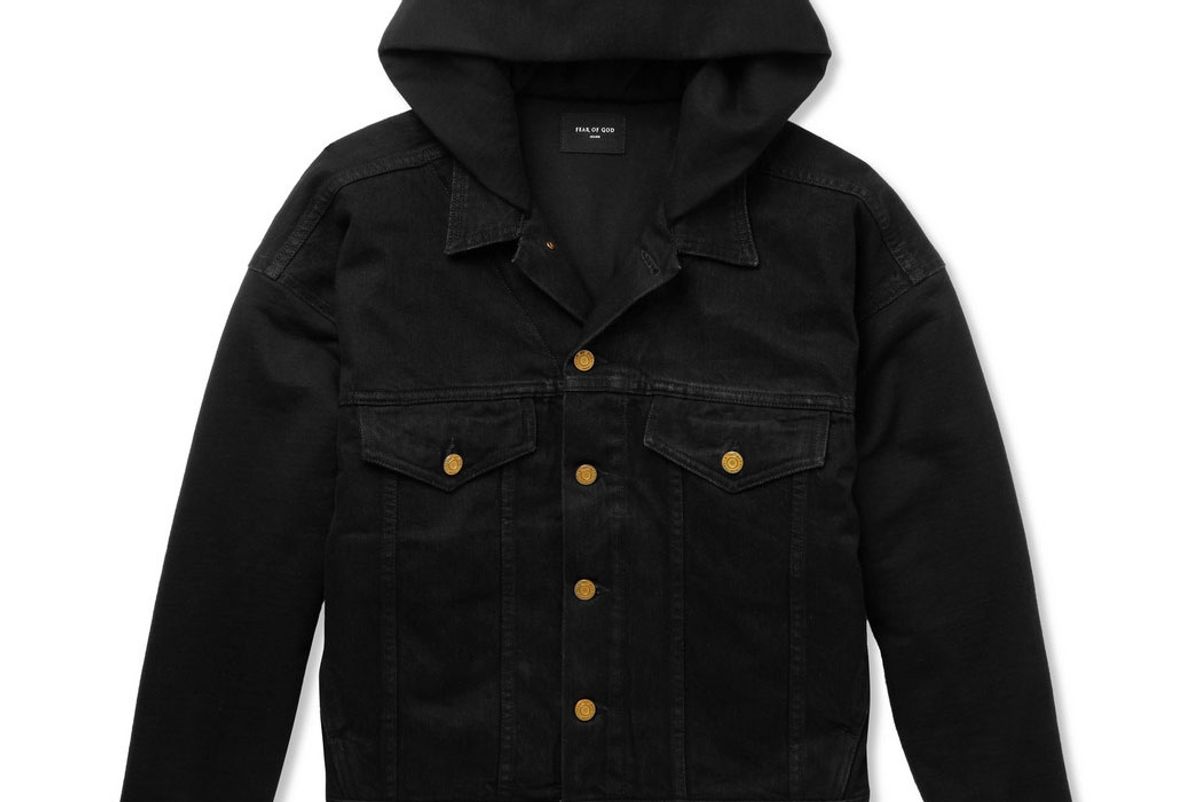 fear of god stretch denim and cotton jersey hooded trucker jacket
