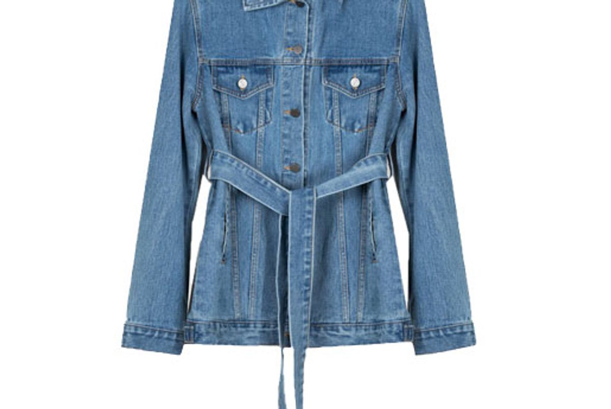 frankie long belted blue denim jacket