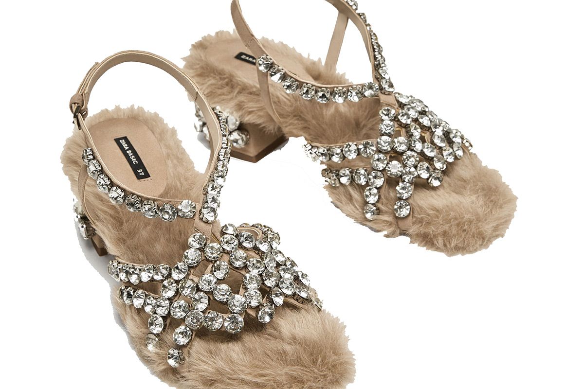 Faux Fur High Heel Sandals with Beads