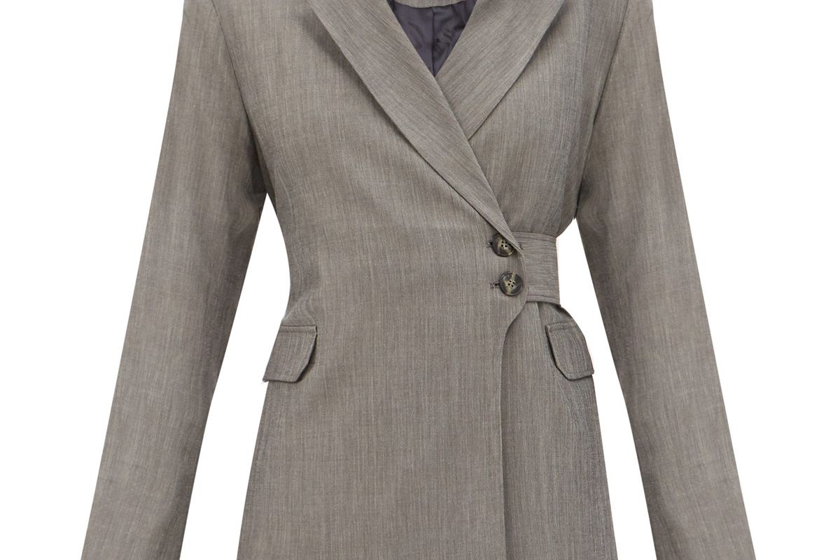 ganni belted heathered sharkskin suit jacket