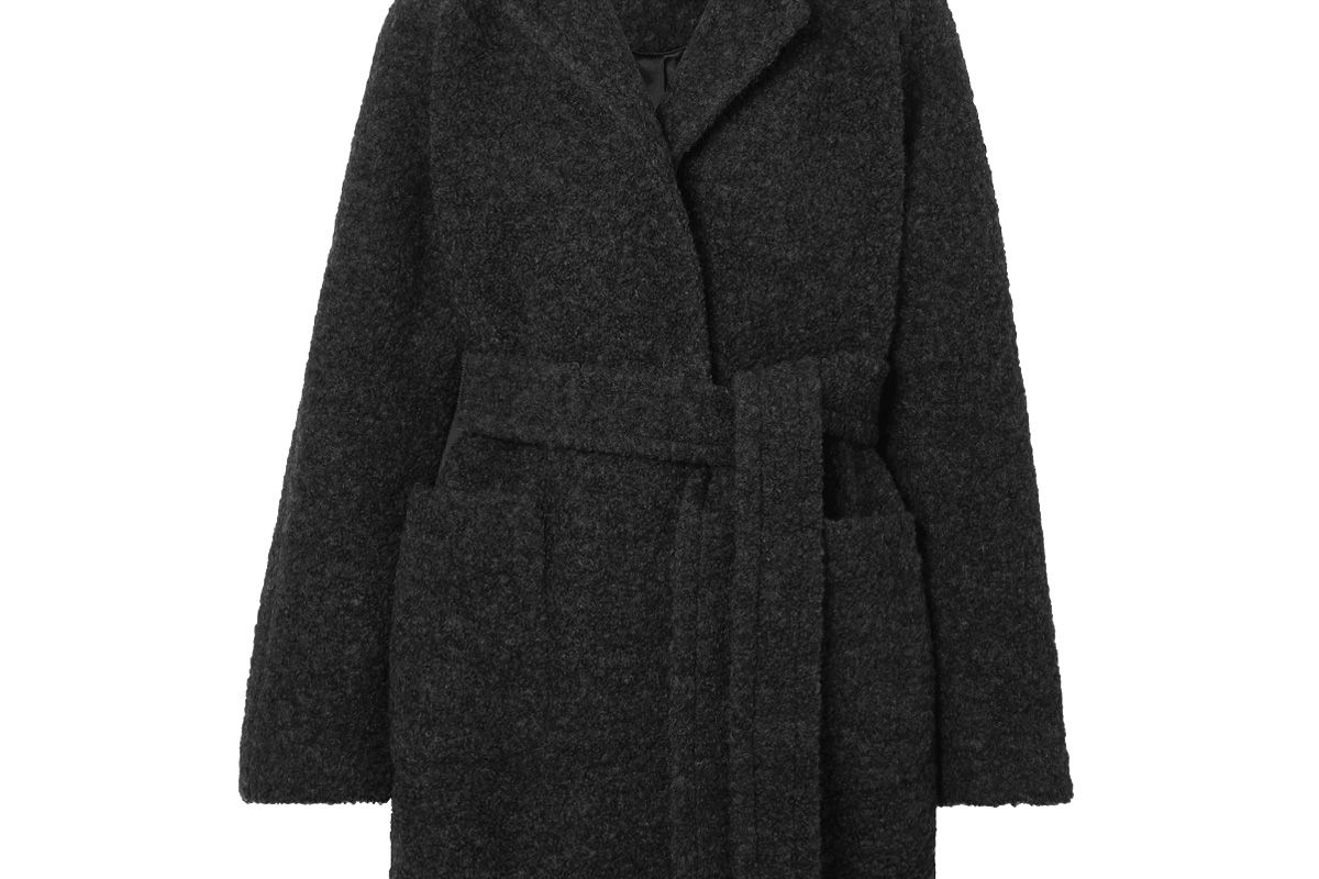 ganni belted wool blend boucle coat
