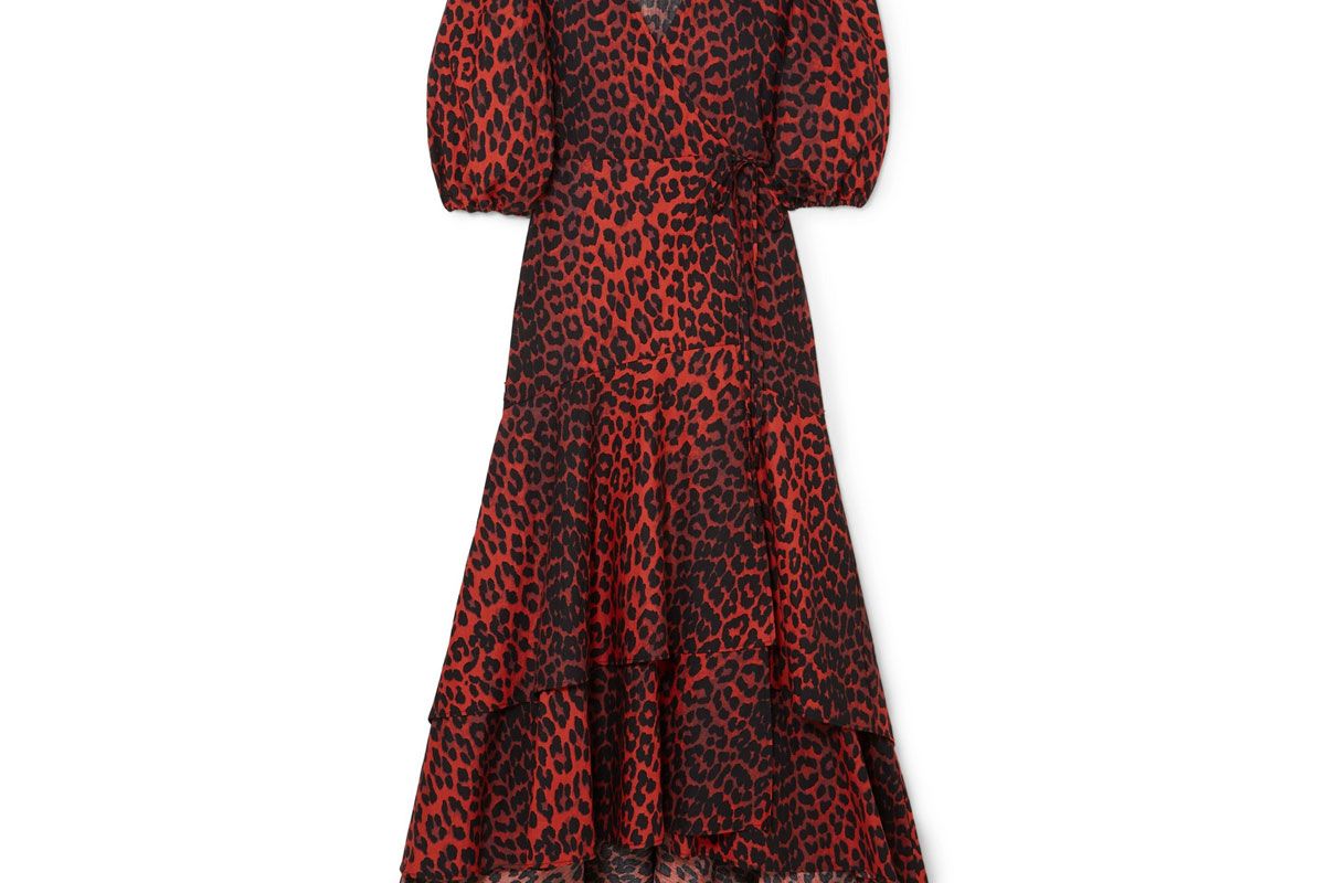 ganni bijou leopard print cotton poplin wrap dress