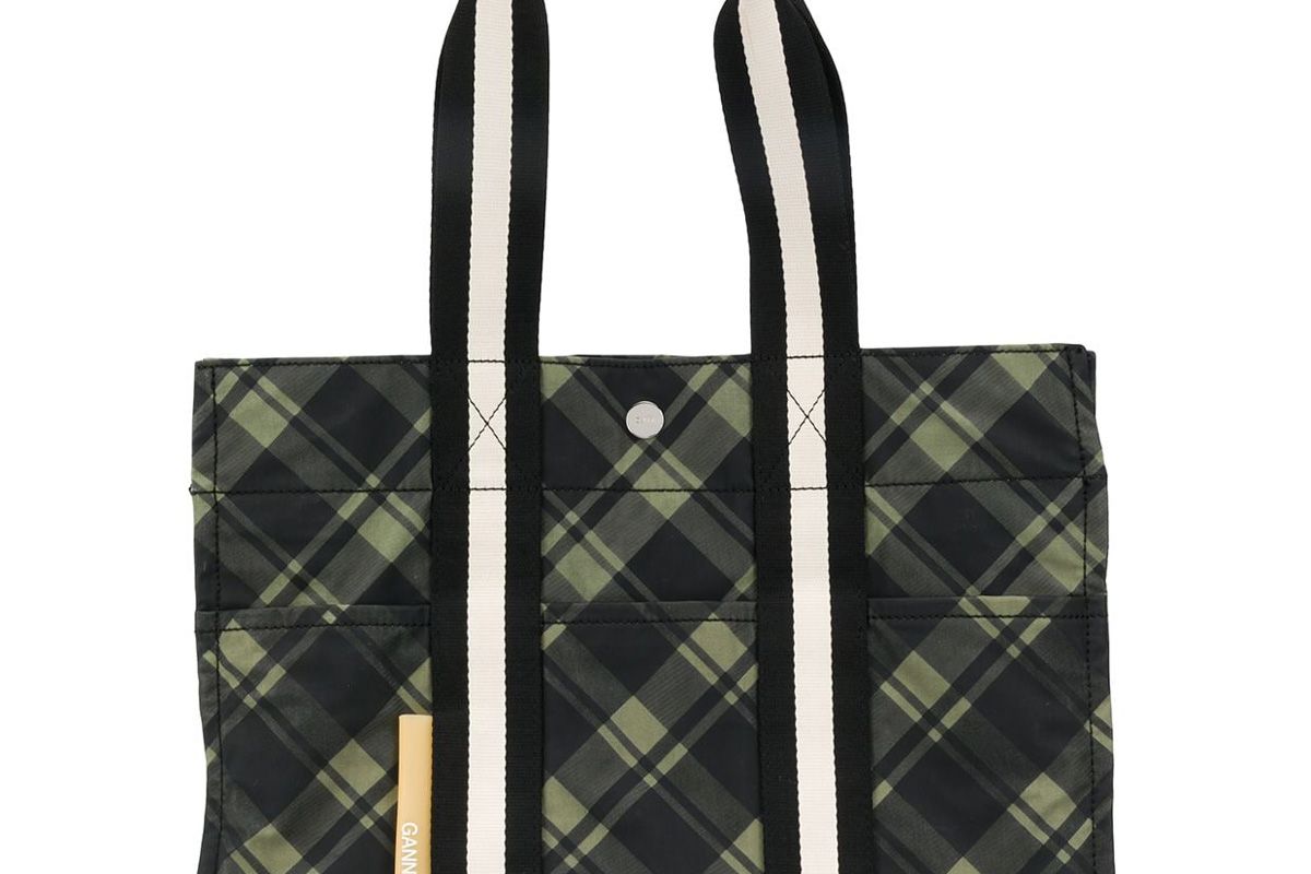 ganni checked tote bag