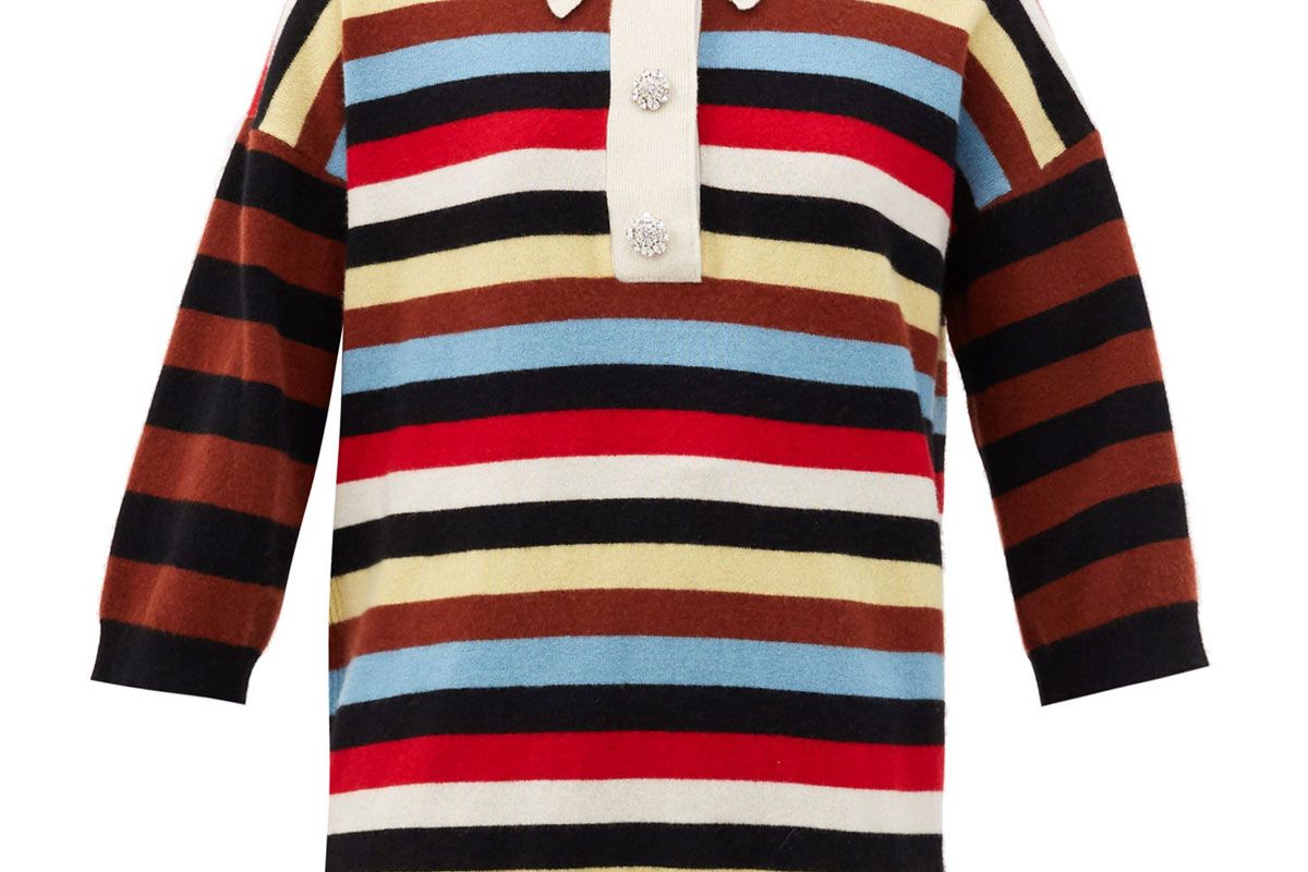 ganni crystal embellished striped cashmere rugby shirt