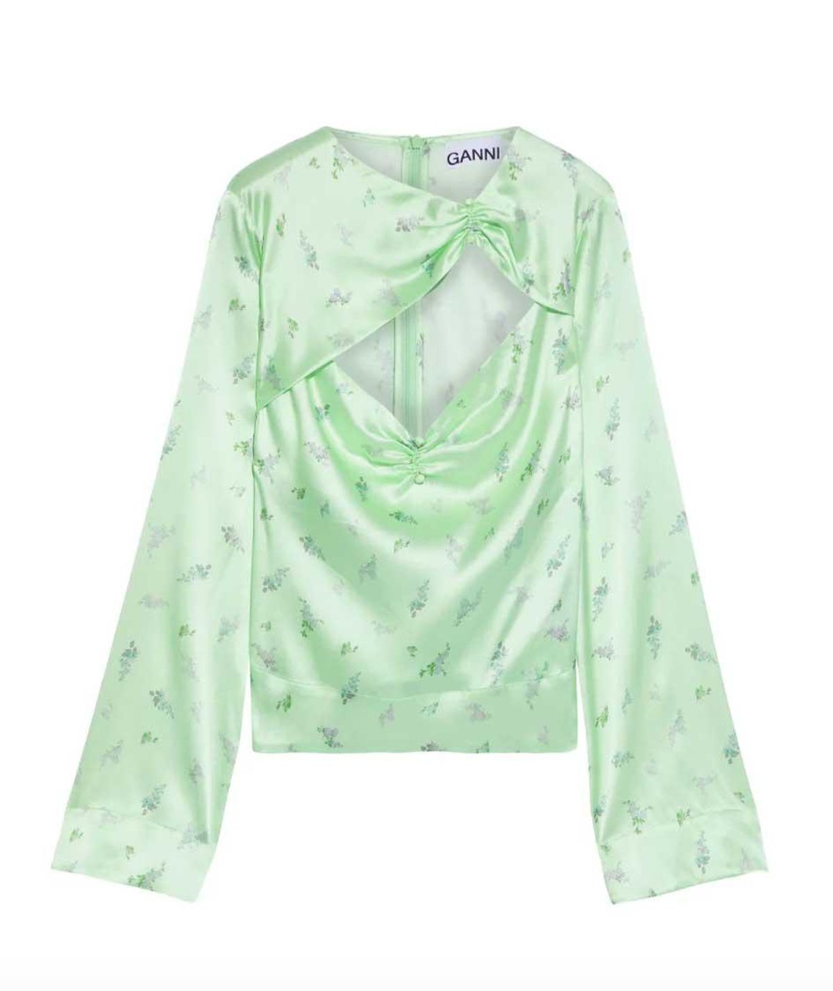 ganni cutout ruched floral print silk blend satin blouse