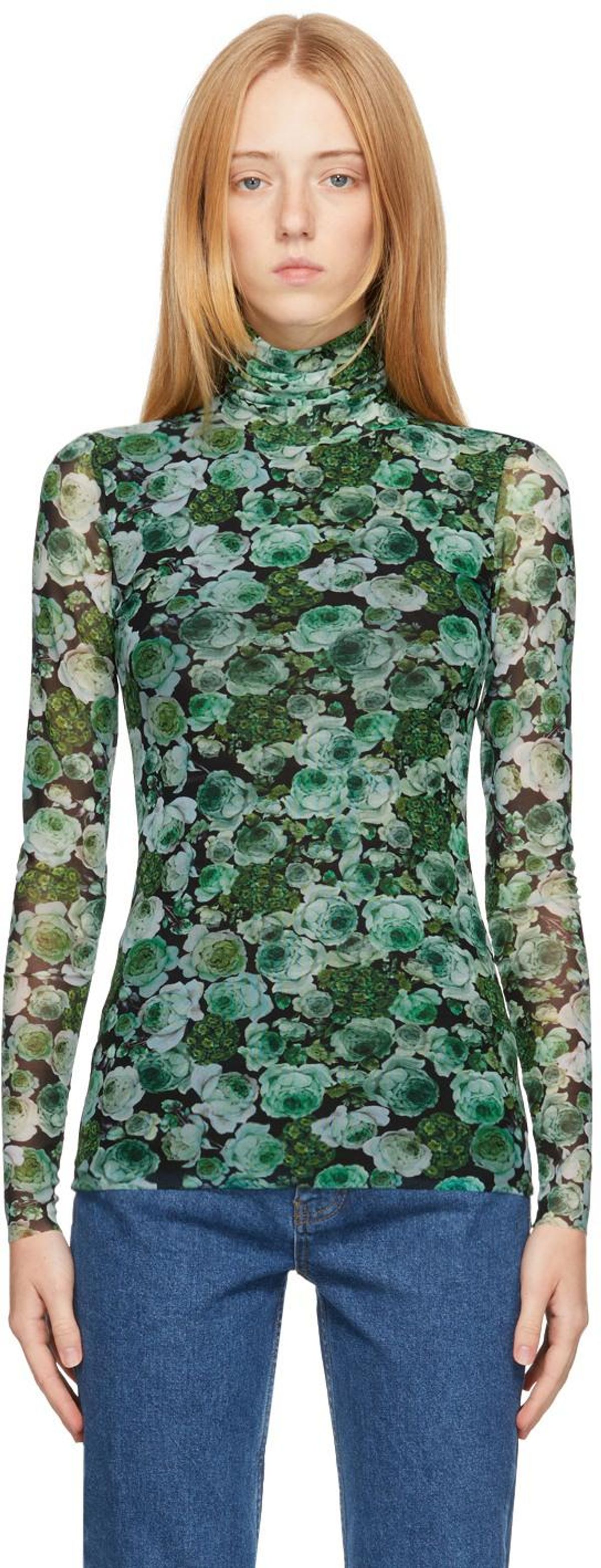 ganni green mesh floral turtleneck