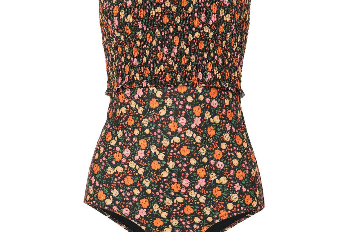 ganni ipanema shirred floral print halterneck swimsuit