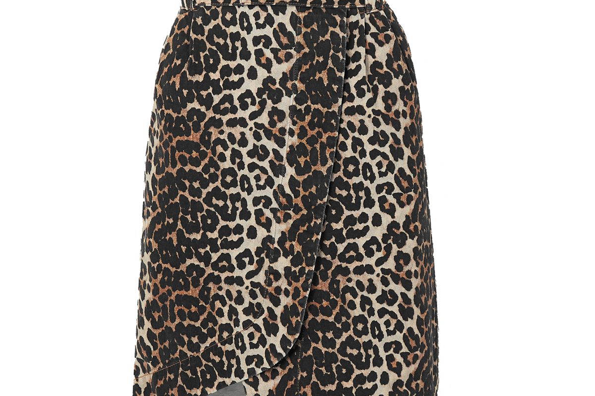 ganni leopard print denim wrap midi skirt