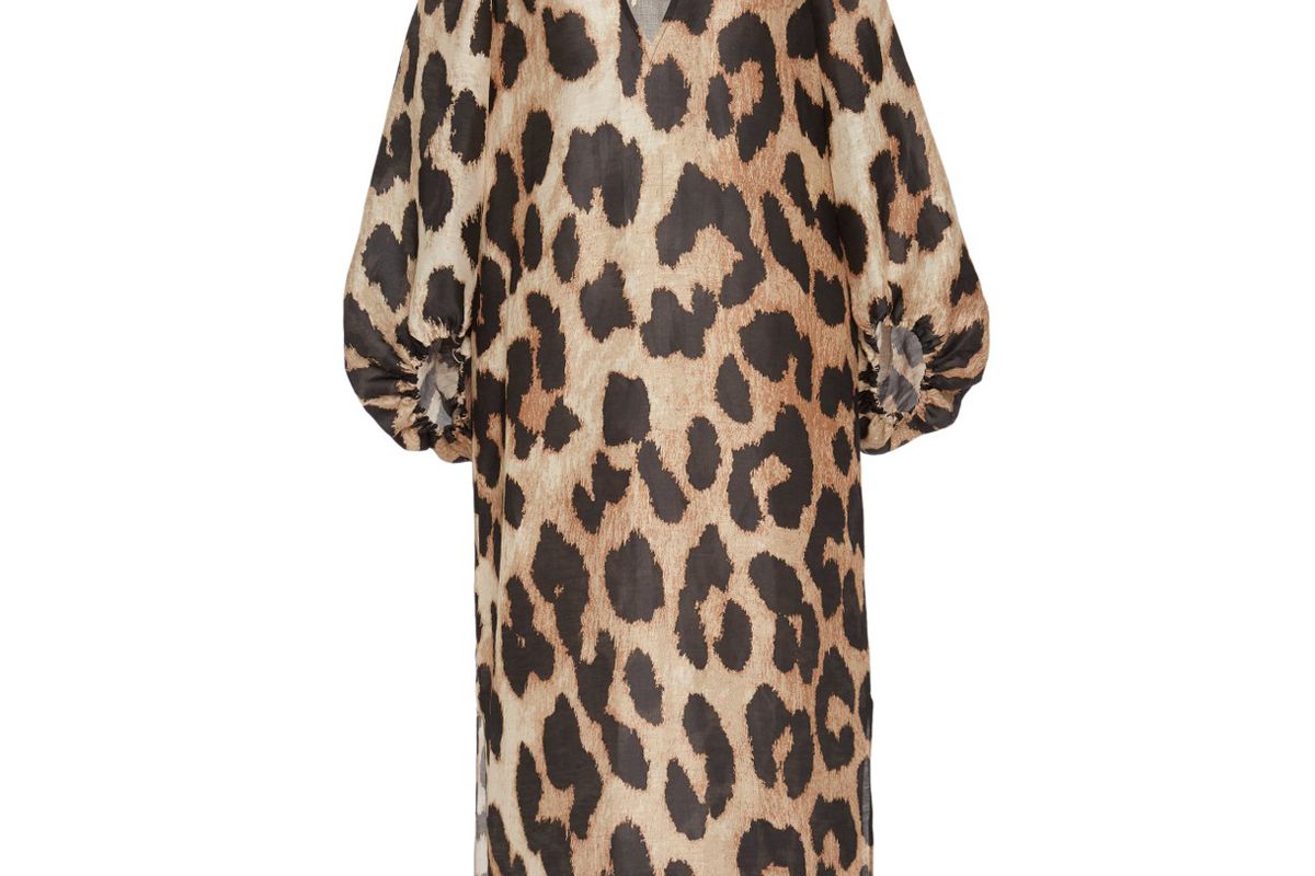 ganni leopard print linen silk blend midi dress