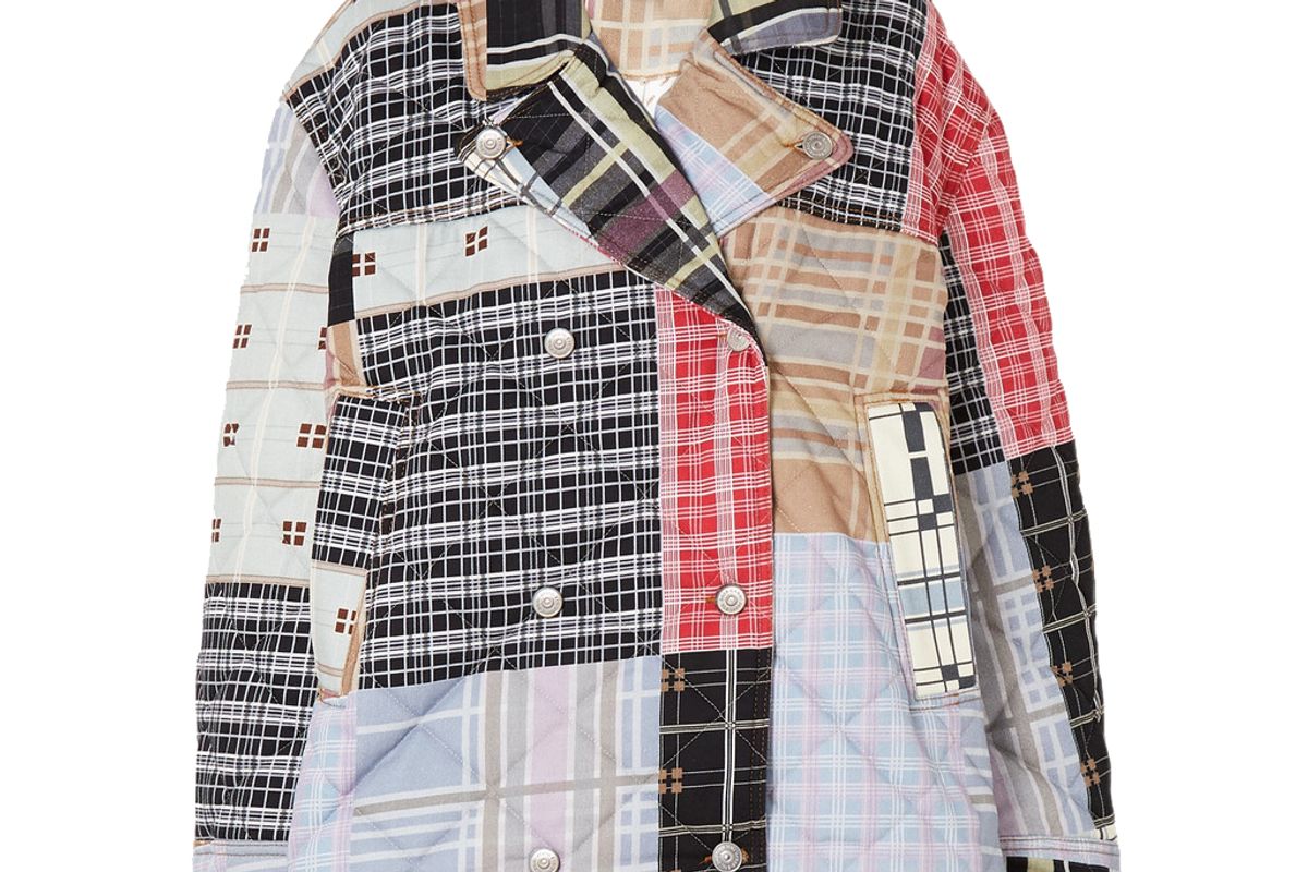 ganni oversized double breasted quilted patchwork denim jacket