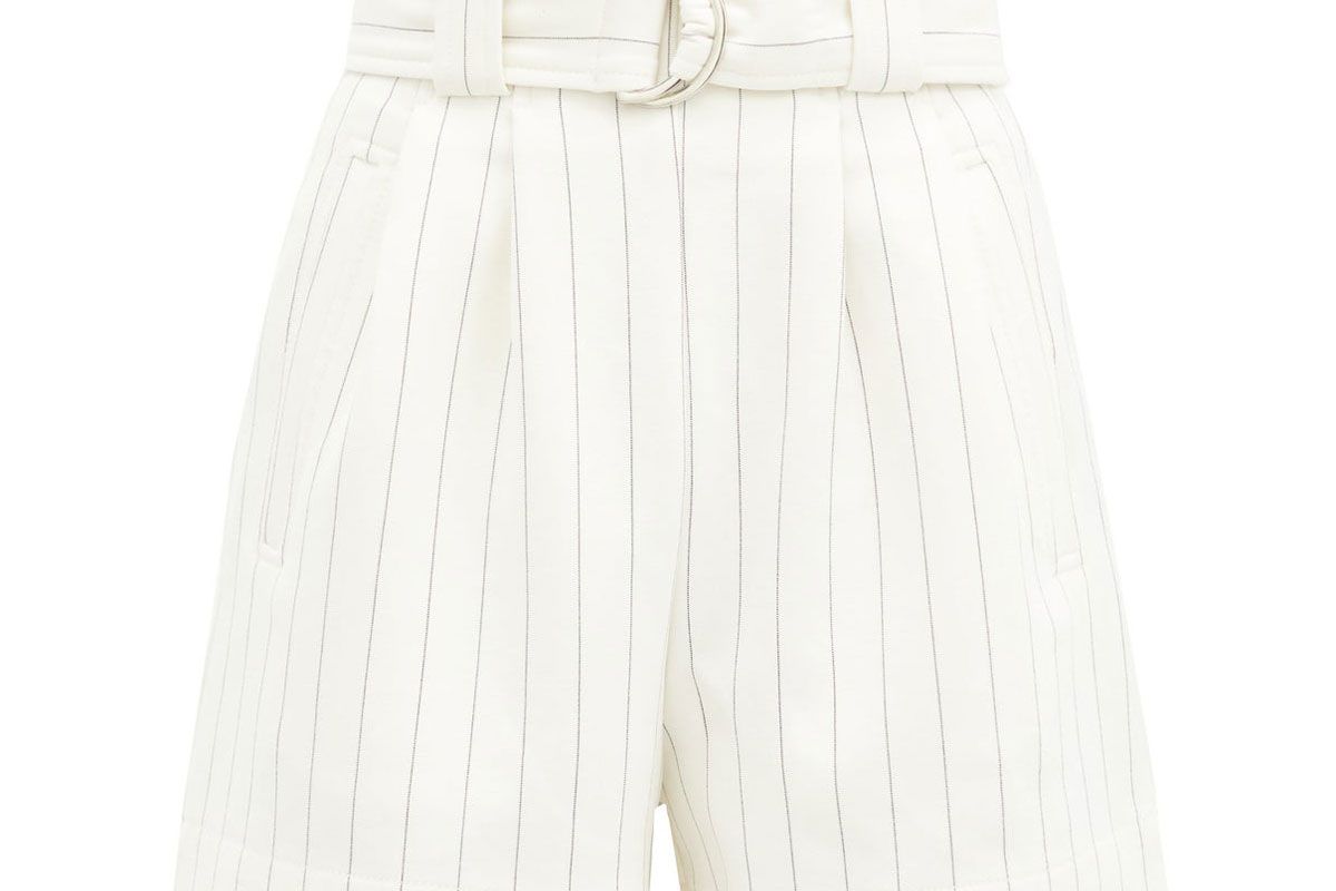 ganni paperbag waist striped crepe shorts