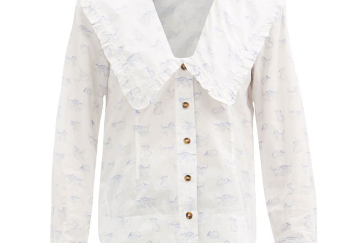 ganni ruffled collar kitten print poplin blouse