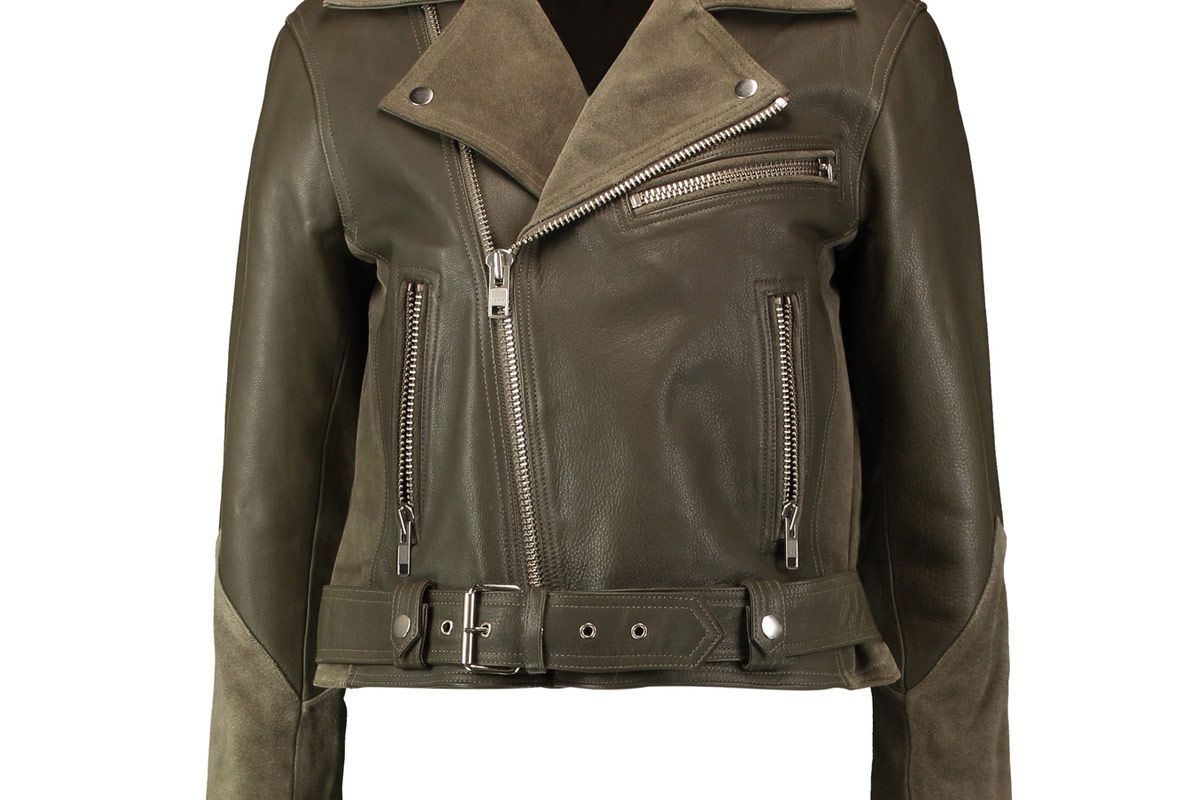 Suede-Paneled Leather Biker Jacket