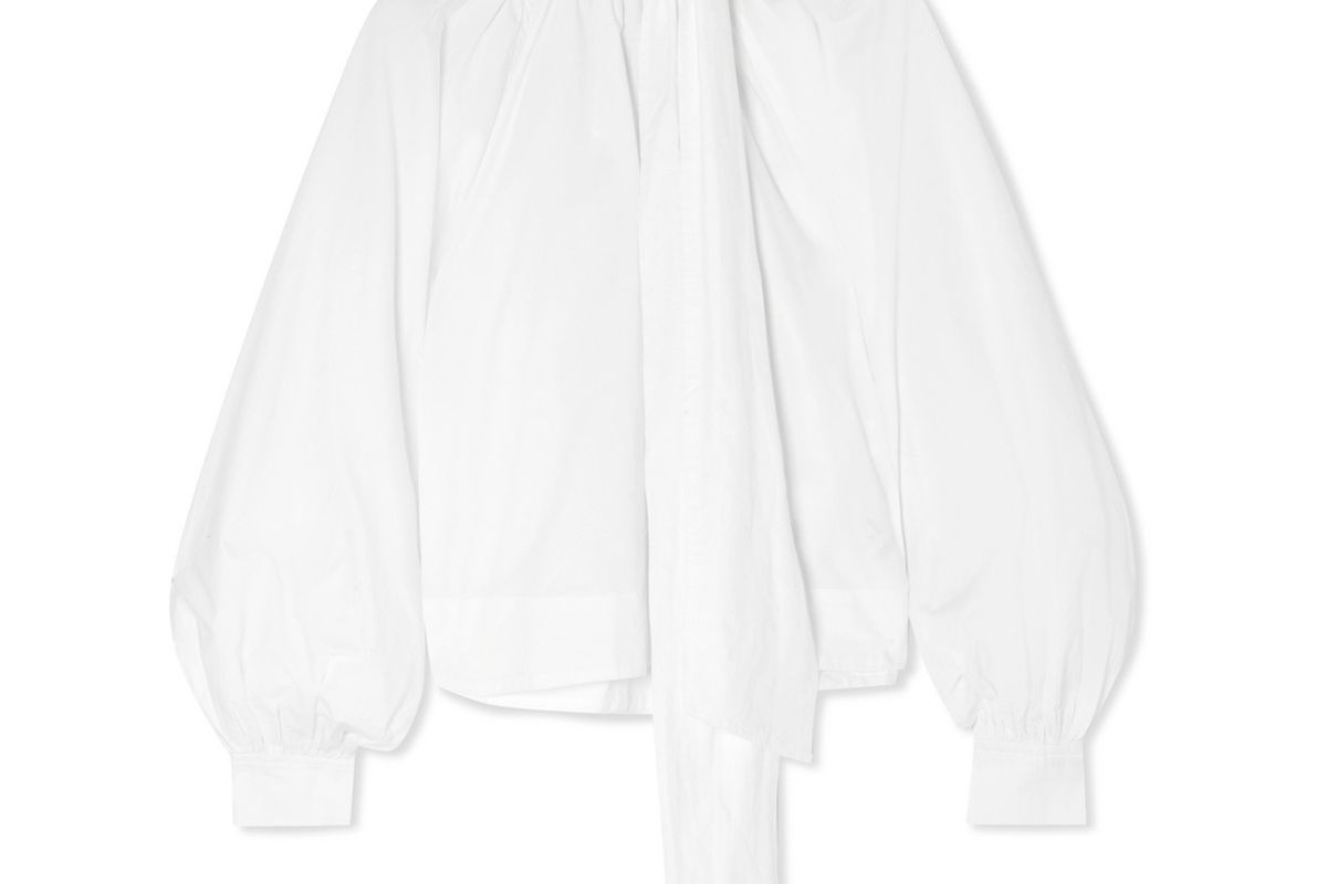 ganni tie detailed cotton poplin blouse