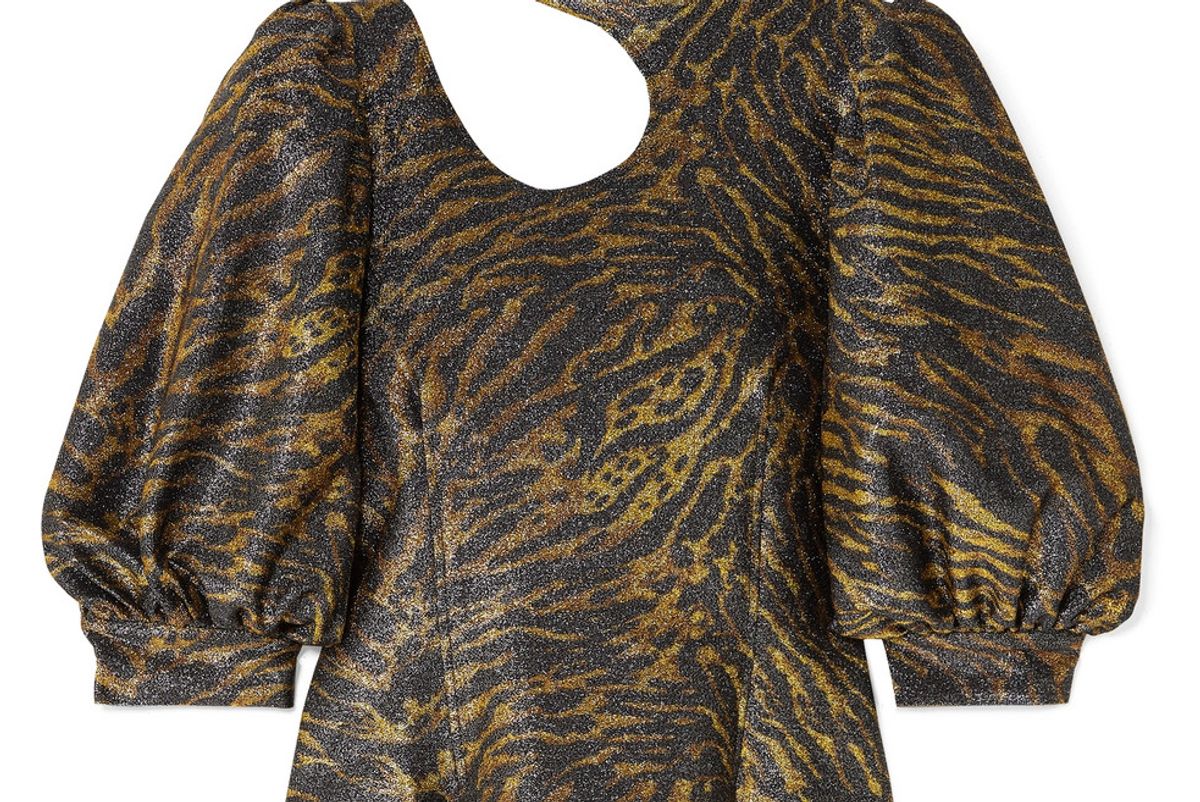 ganni tiger print cutout lurex blouse