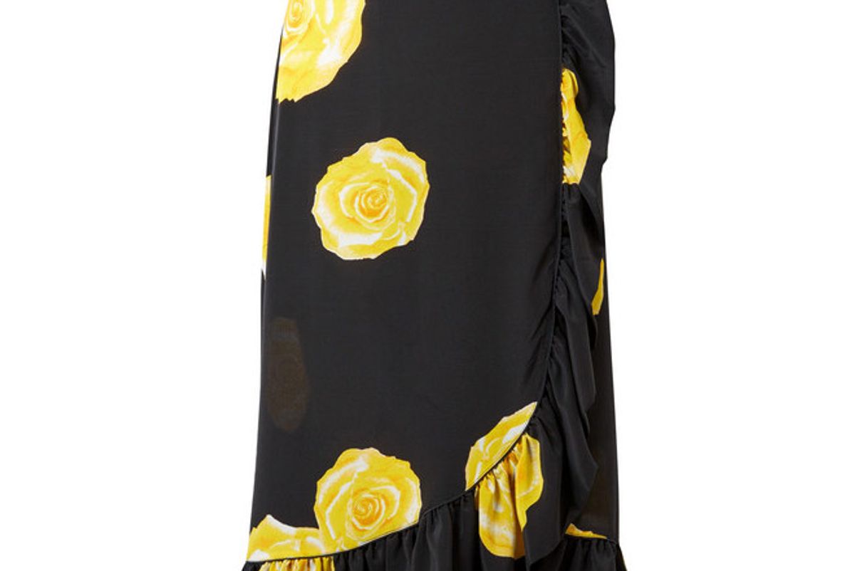 ganni wrap effect floral print washed silk midi skirt