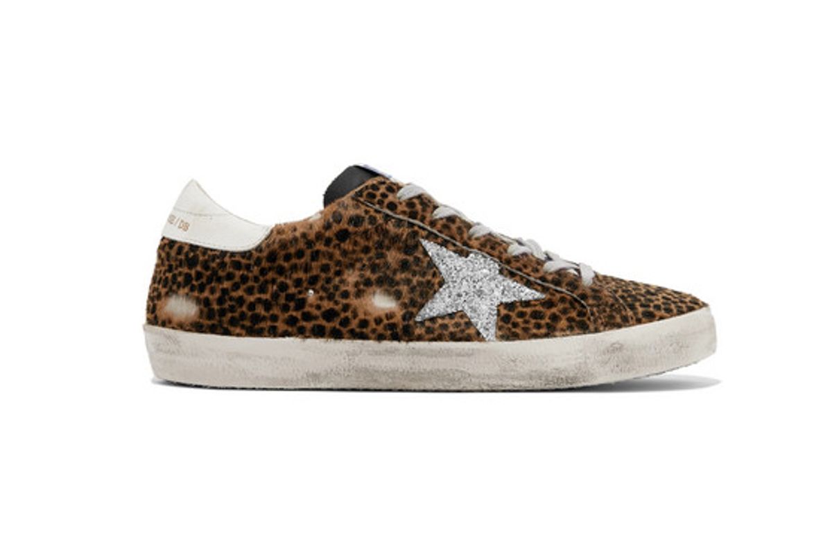 golden-goose-deluxe-brand-superstar-glittered-leather-and-distressed-leopard-print calf hair sneakers