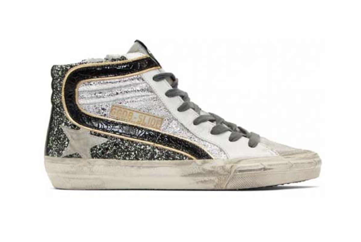 golden goose silver glitter slide high top sneakers