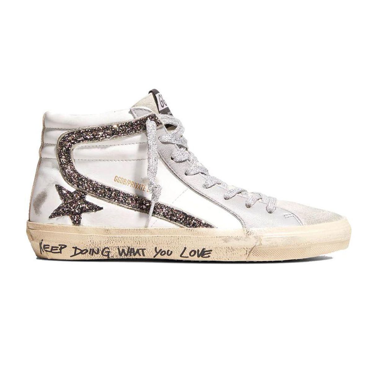 golden goose slide mid top glitter script sneaker