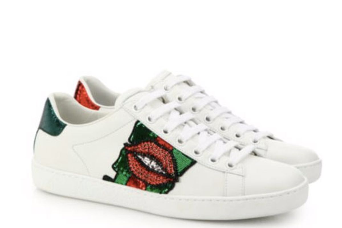 Ace Lip-Embroidered Leather Low-Top Sneakers