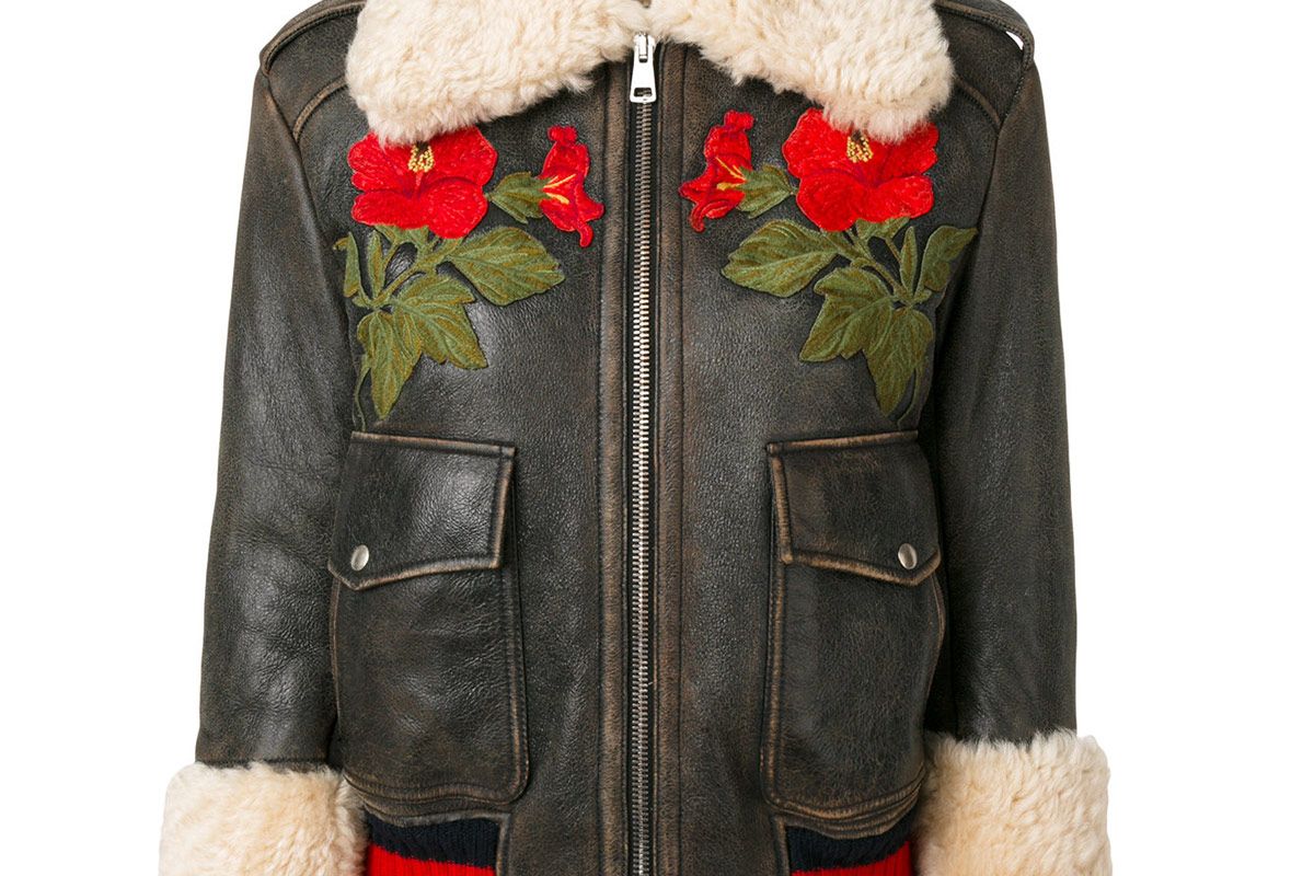 Embroidered Shearling Lined Bomber Jacket