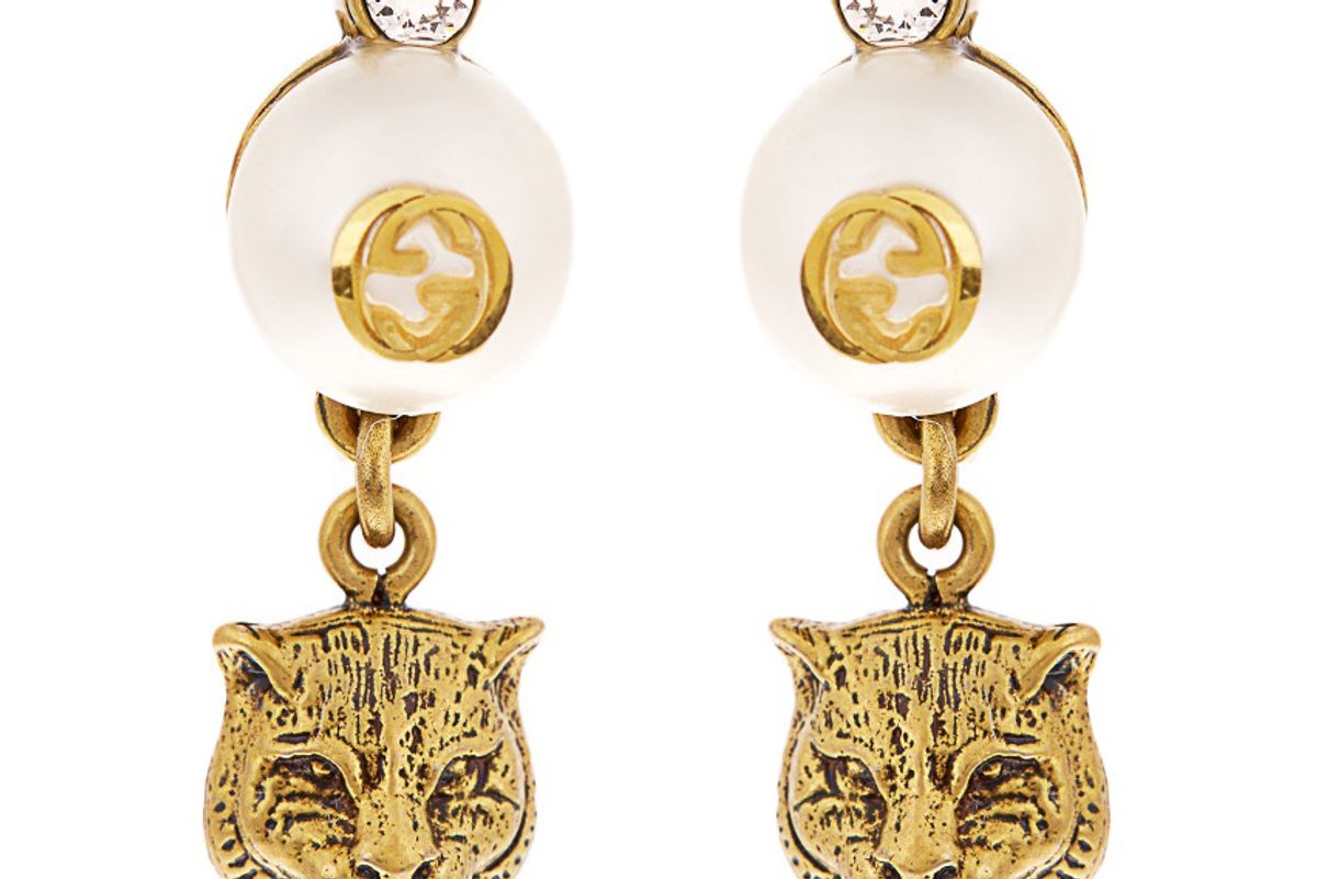 Faux-Pearl Embellished Feline-Drop Earrings