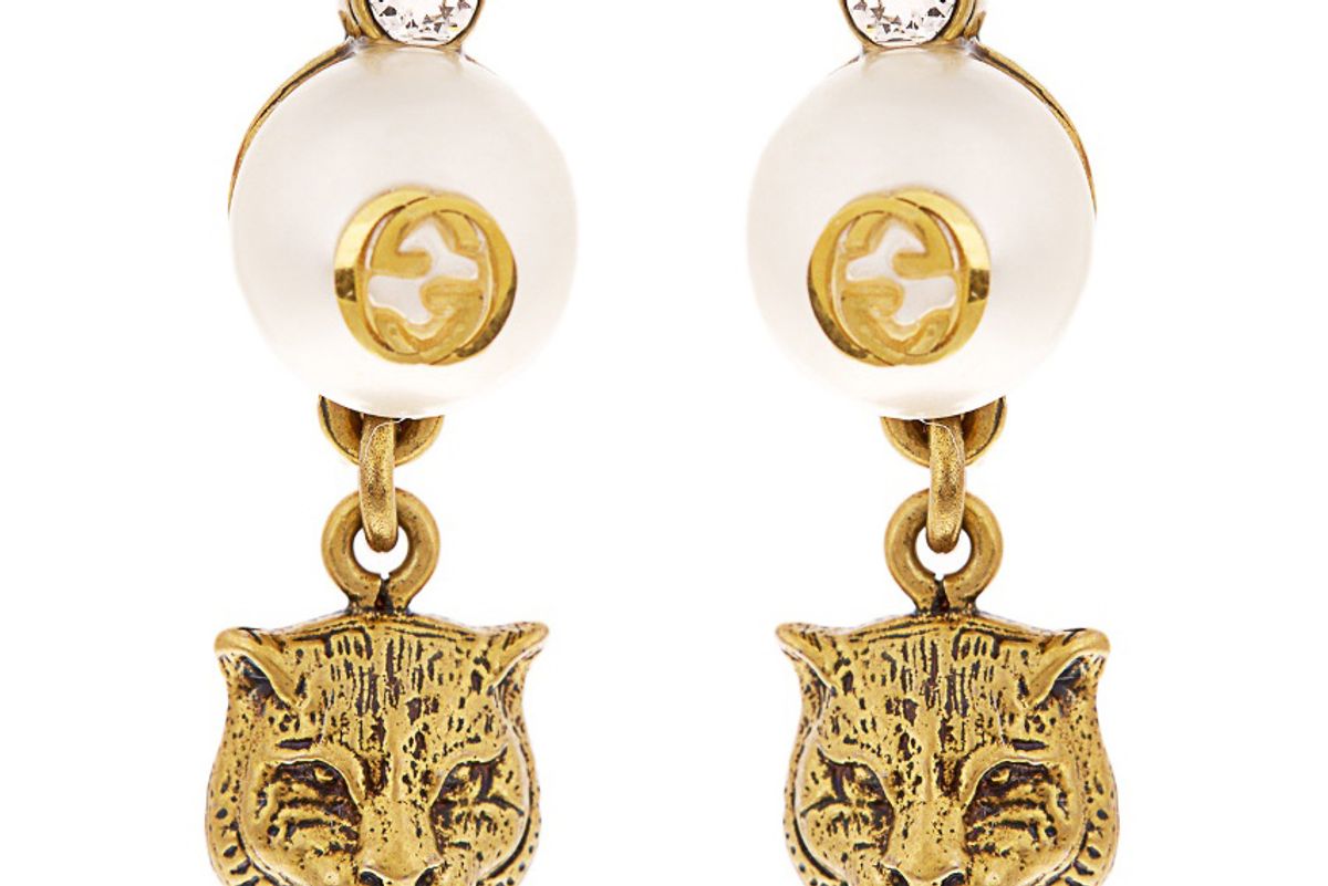 Faux-Pearl Embellished Feline-Drop Earrings