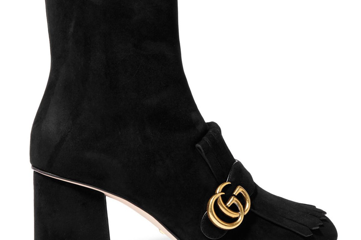 gucci fringed logo embellished suede ankle boots