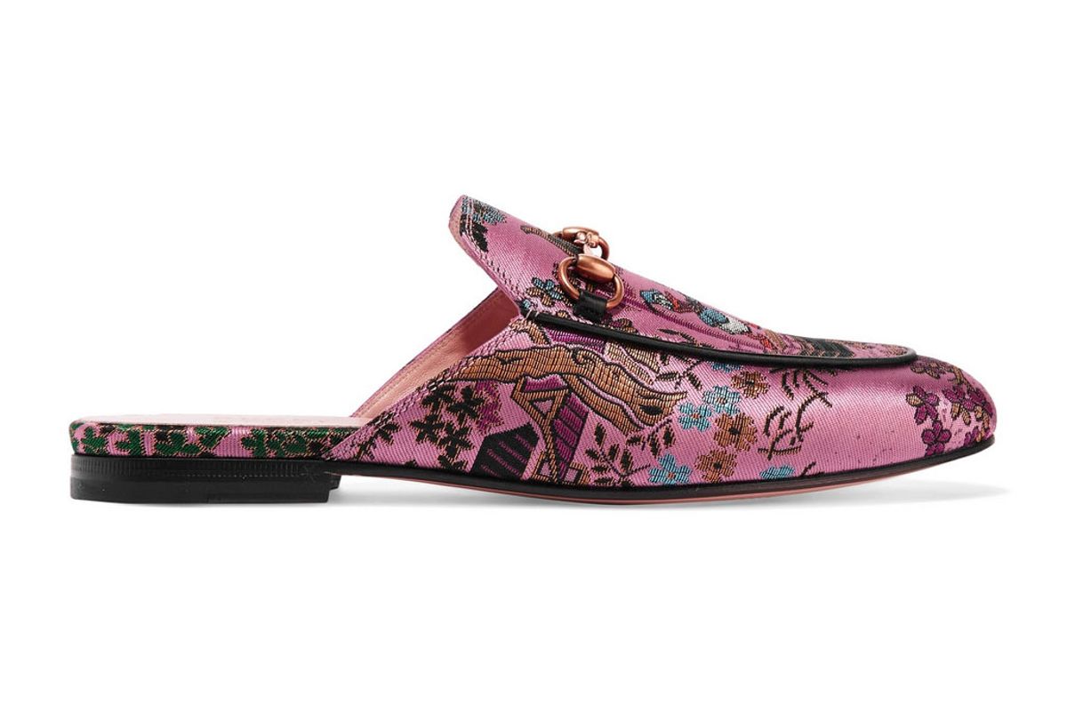 gucci princetown horsebit detailed metallic jacquard slippers